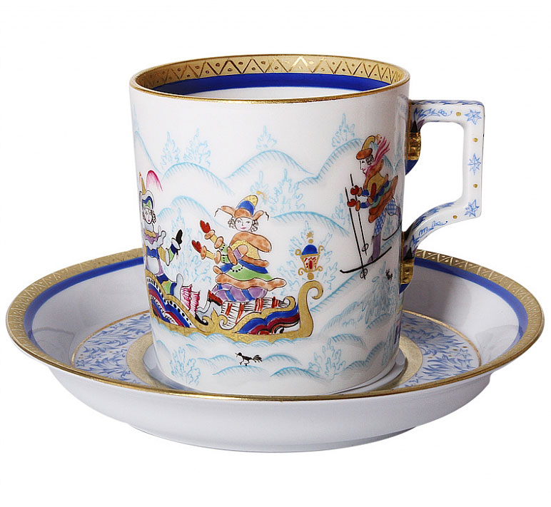Lomonosov Porcelain Tea Set Cup and Saucer Winter Fun (3) 7.4 oz/220 ml