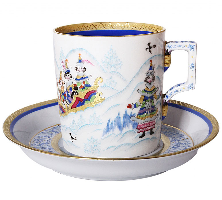 Lomonosov Porcelain Tea Set Cup and Saucer Winter Fun (4) 7.4 oz/220 ml