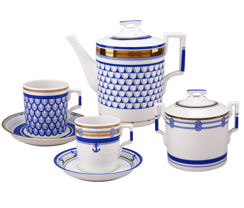 Lomonosov Porcelain Tea Set White Sea Waves 6/20