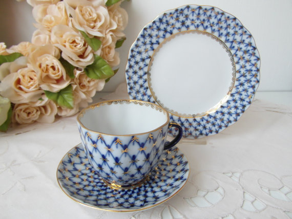 Lomonosov Porcelain Coffee Set Cobalt Net Tulip 20 items for 6 persons