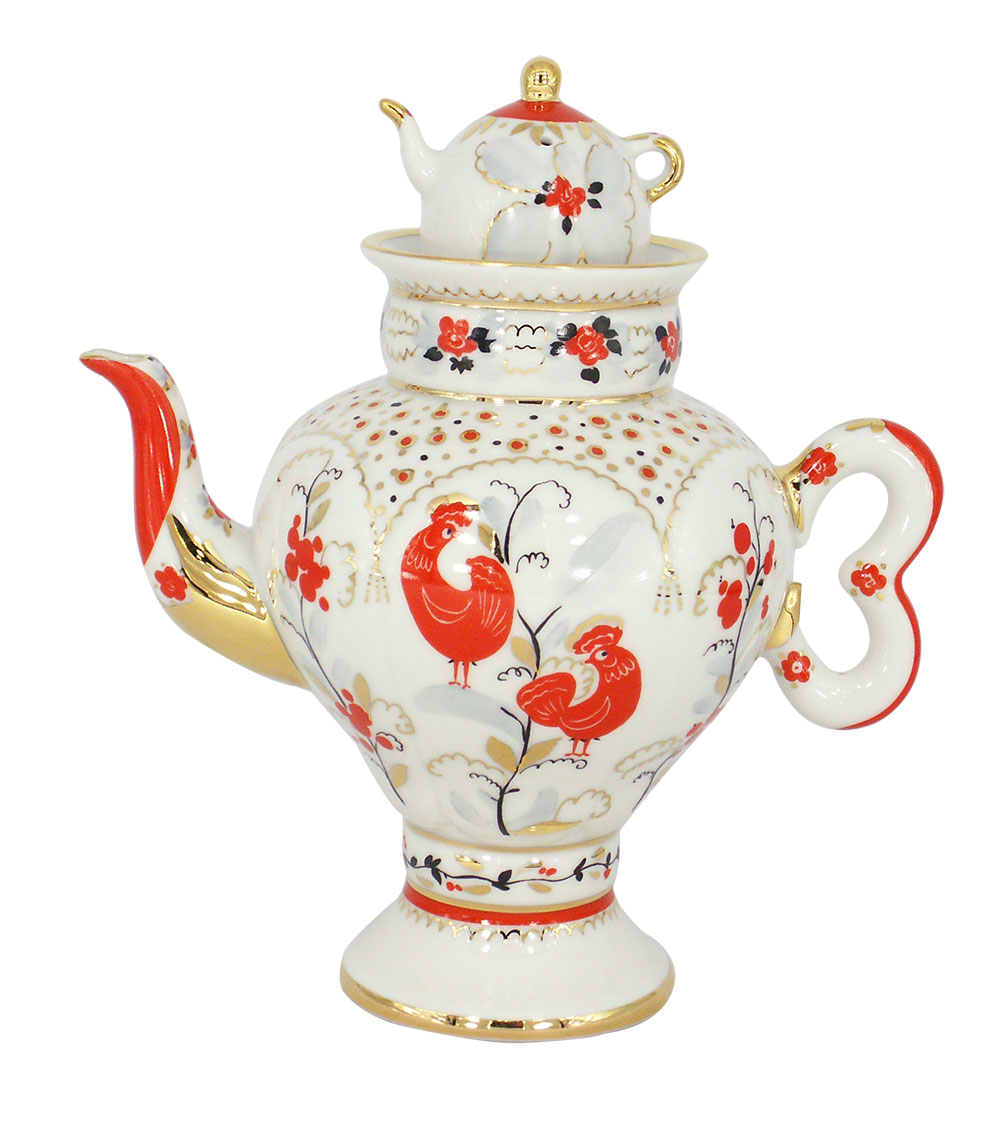 Lomonosov Porcelain Teapot Samovar Folk Motif 2.5 Cups 16.23 oz/480 ml