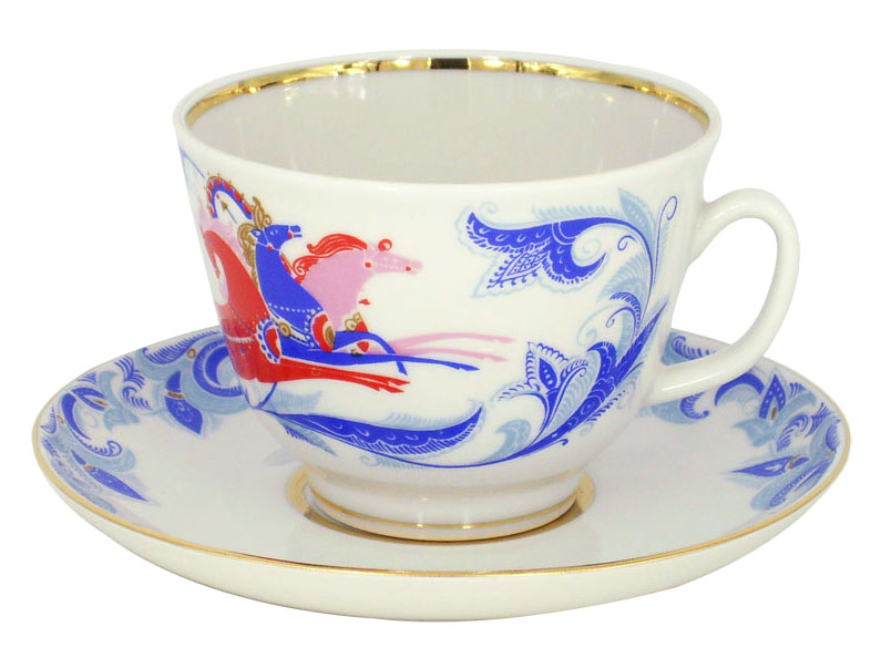 Lomonosov Porcelain Tea Set Cup and Saucer Gift Winter Troika 12.7 oz/375 ml