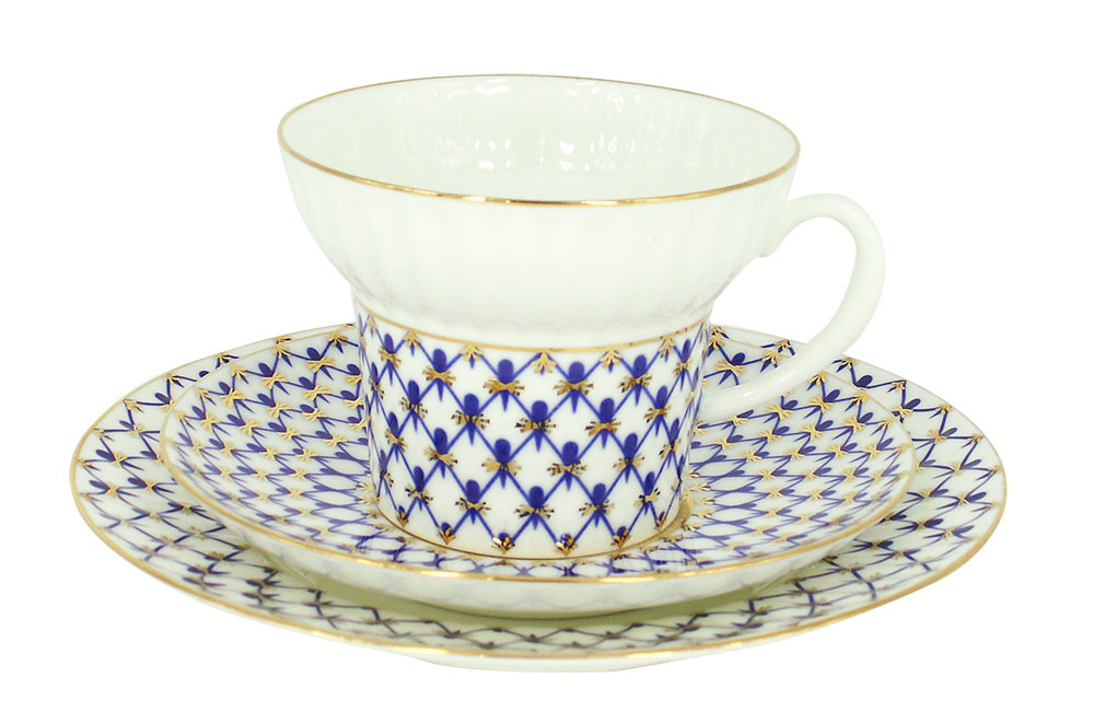 Lomonosov Porcelain Coffee Cup and Saucer and Plate Cobalt Net Espresso Bone China  5.2 oz 