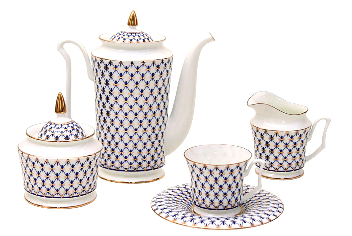 Lomonosov Porcelain Coffee Set Cobalt Net 15 items for 6 persons Yulia Bone China