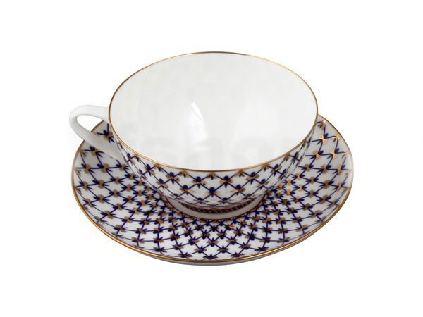 Lomonosov Porcelain Tea Set Cup and Saucer Cobalt Net 10 oz/300 ml