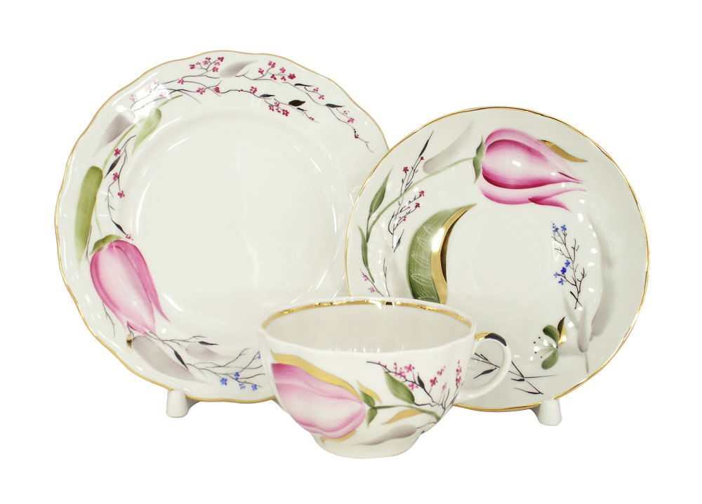Lomonosov Porcelain Tea Set 3 pc Tulip Pink Tulips 8.45 oz/250 ml