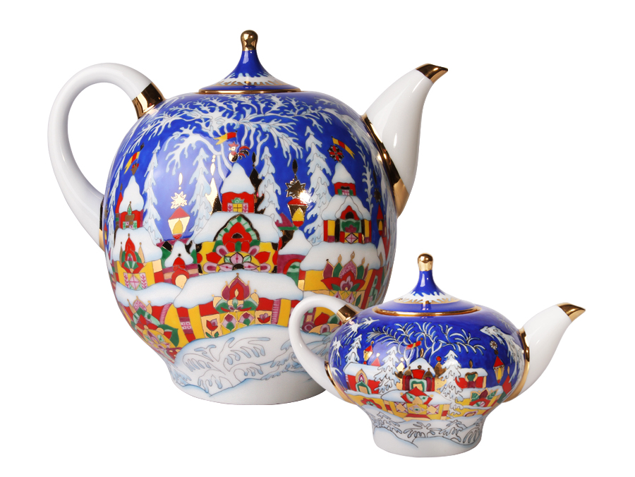 Lomonosov Porcelain Teapot Set Winter Fairy Tale Big 82.8 oz and Small 8.5 oz