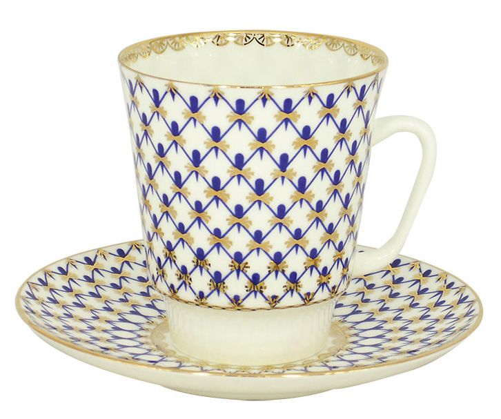 Lomonosov Porcelain Coffee Cup and Saucer Cobalt Net Espresso Bone China 5.6 fl.oz/165 ml