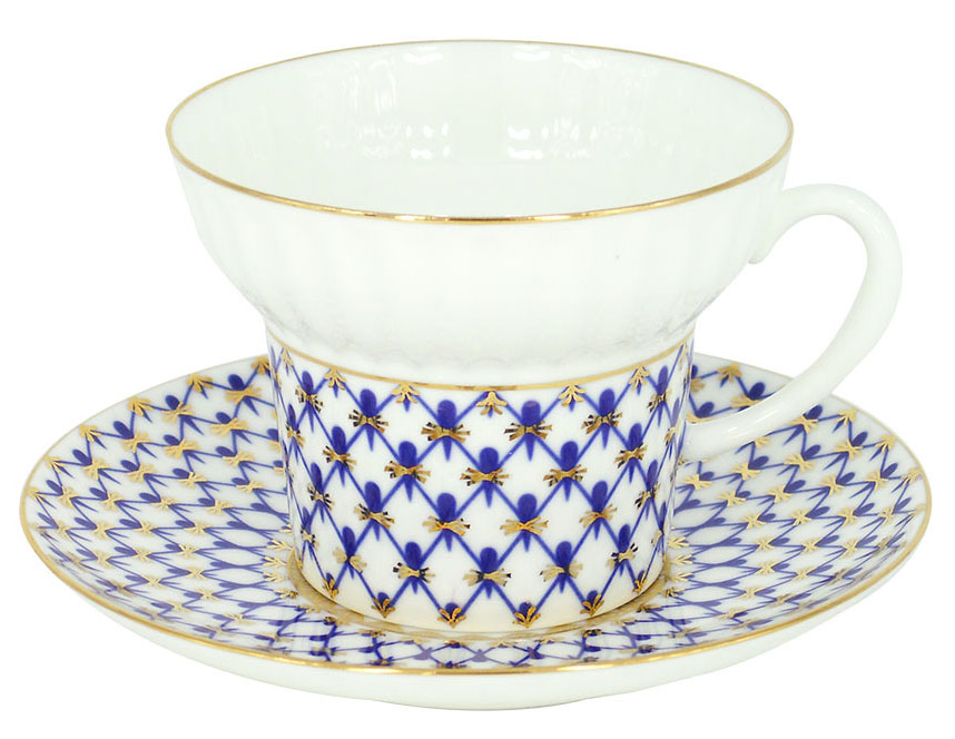 Lomonosov Porcelain Coffee Cup and Saucer Cobalt Net Espresso Bone China 5.24 oz/155 ml