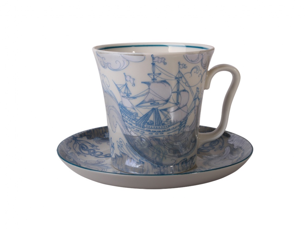 Lomonosov Porcelain Mug and Saucer Blue Ship Leningradskii 12.2 fl.oz/360 ml