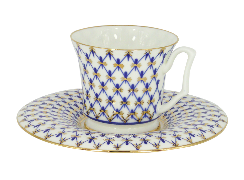 Lomonosov Porcelain Coffee Cup and Saucer Cobalt Net Espresso Bone China  4.9 oz/145 ml