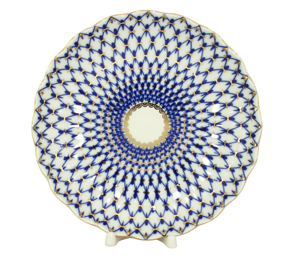 Lomonosov Porcelain Pastry Dish Cake Cookie Biscuit Cobalt Net Tulip  8.5"