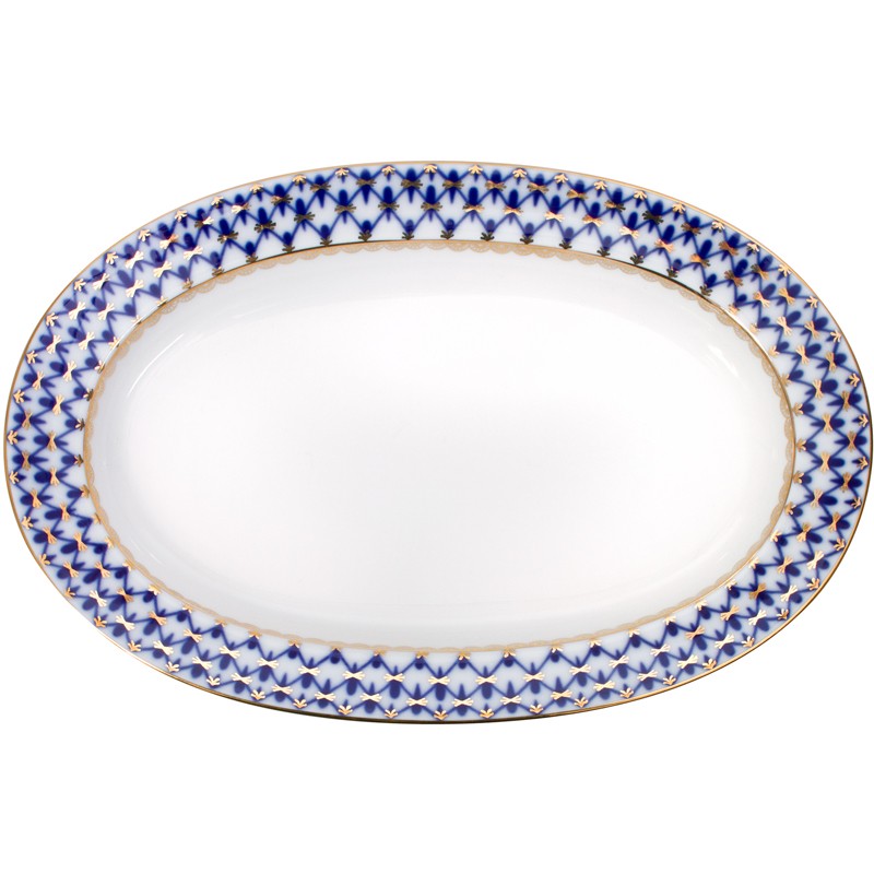 Lomonosov Porcelain Oval Platter Herring Dish Cobalt Net 9.8"/250mm