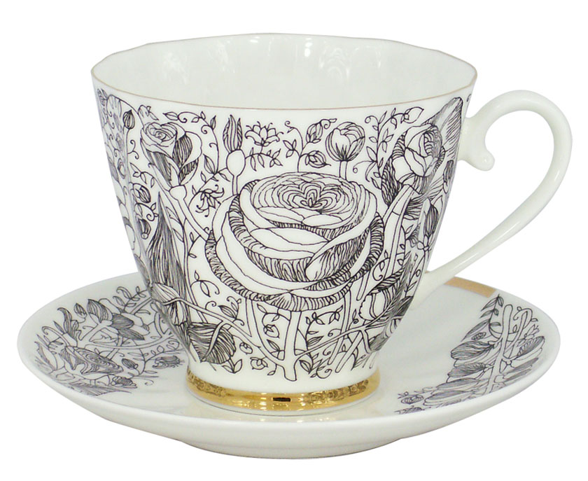 Bone China Tea Set Carnation Black Summer 2pc 6.8 oz/200 ml