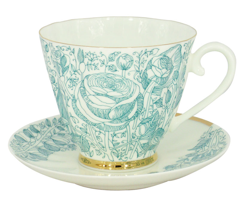 Bone China Tea Set Carnation Green Summer 2pc 6.8 oz/200 ml