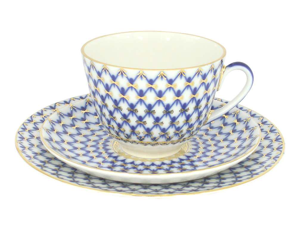 Lomonosov Porcelain Teacup and Saucer and Plate Cobalt Net Spring 7.8 oz/230 ml