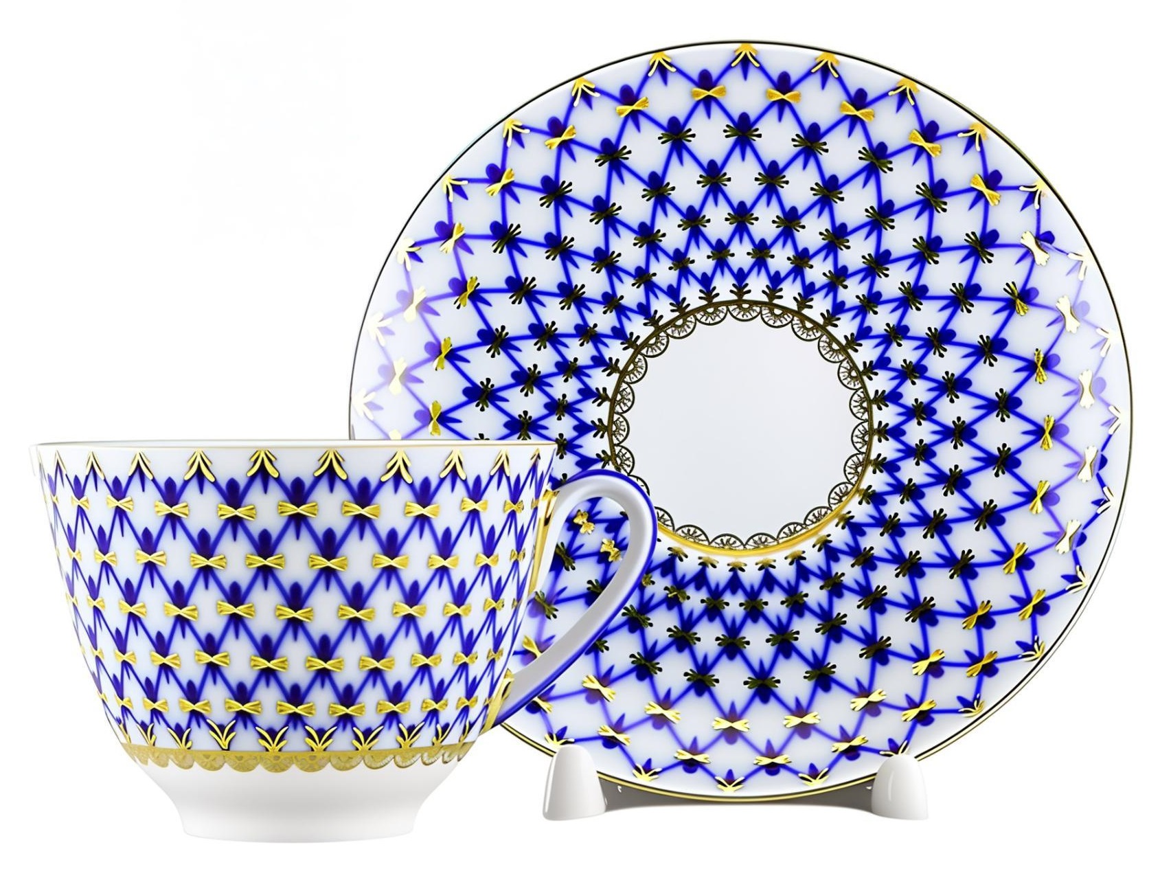 Lomonosov Porcelain Teacup and Saucer Cobalt Net Spring 7.8 oz/230 ml