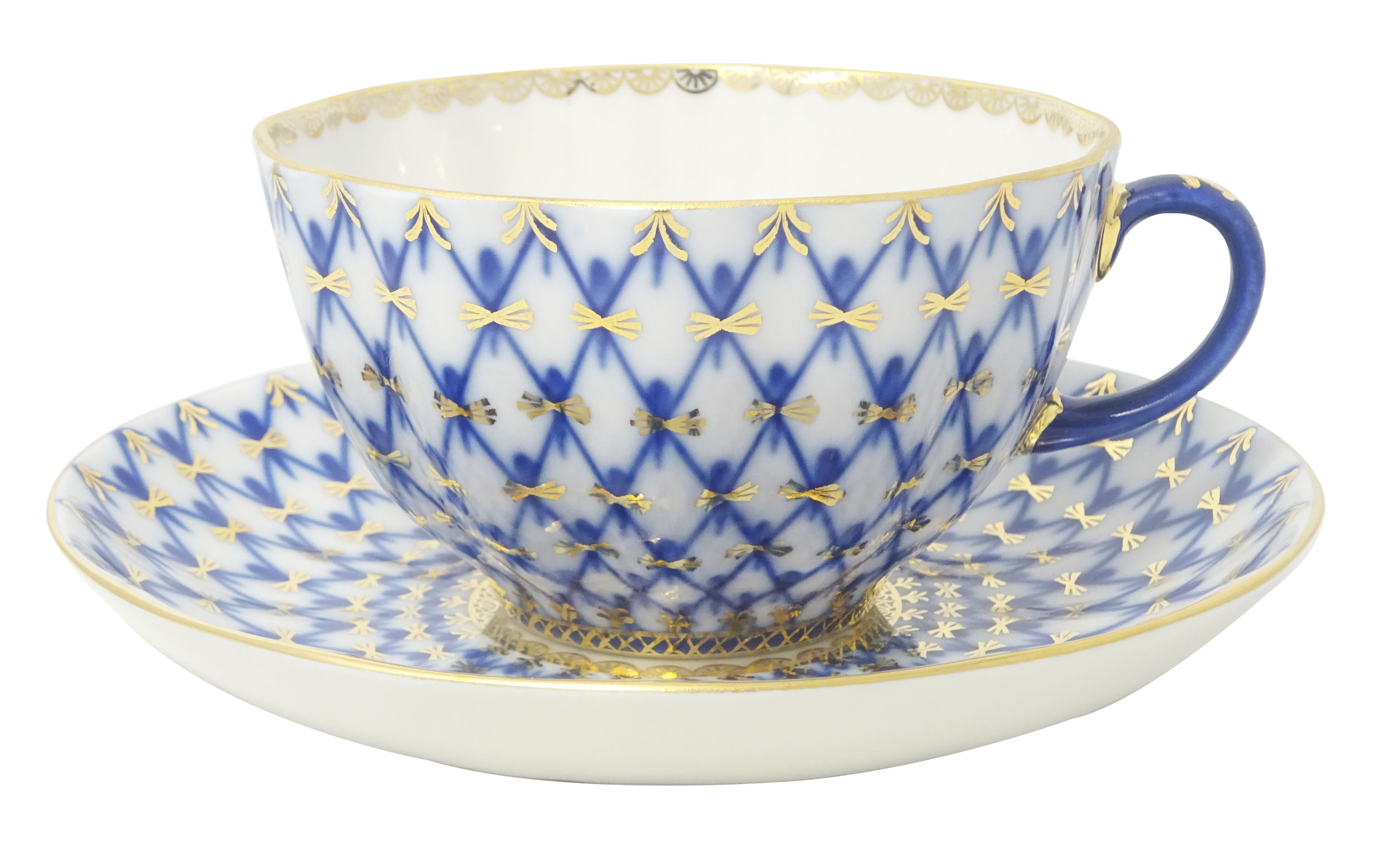 Lomonosov Porcelain Teacup and Saucer and Plate Cobalt Net Tulip 8.45 oz/250 ml