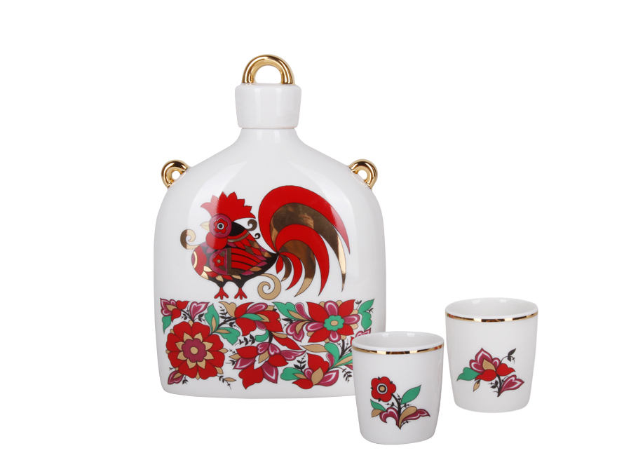 Lomonosov Porcelain Whiskey/Vodka Decanter Set Slavic Red Rooster 22 oz/650 ml 