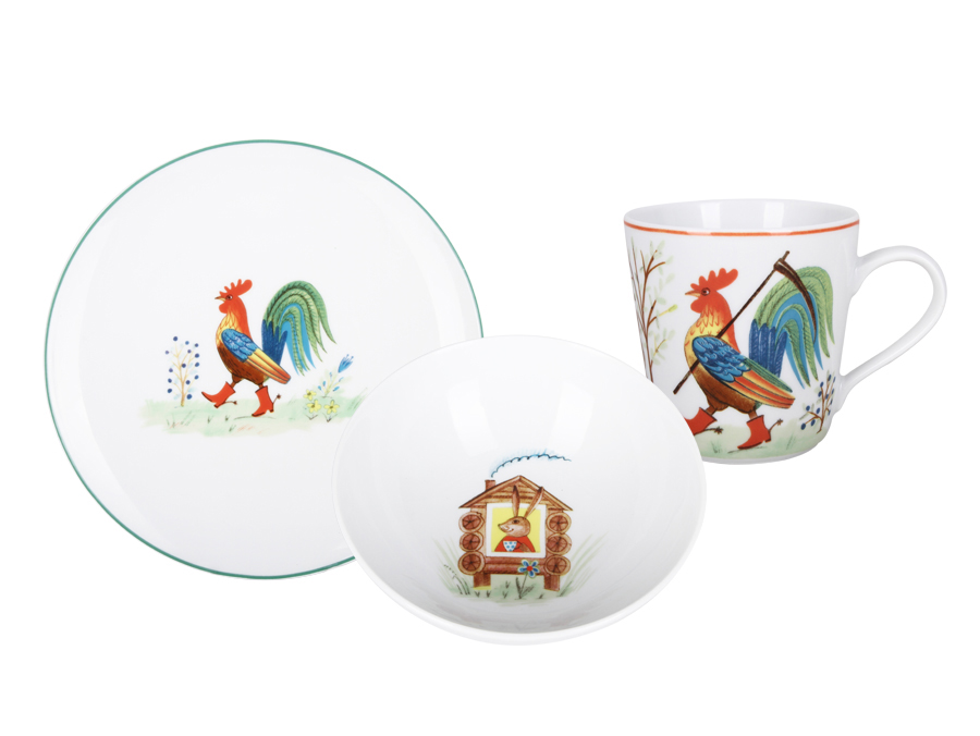 Lomonosov Porcelain Baby Set 3pc: Cup, Plate, Bowl Rooster Fairytale
