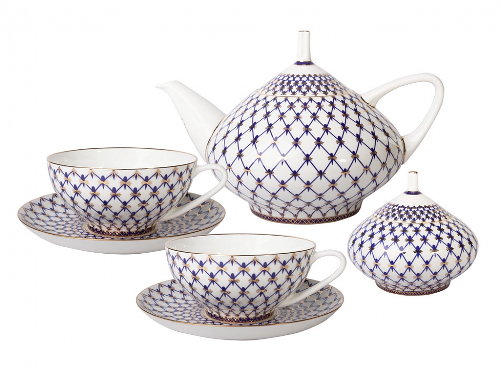 Lomonosov Porcelain Tea Set Cobalt Net Dome 14 items for 6 persons Bone China