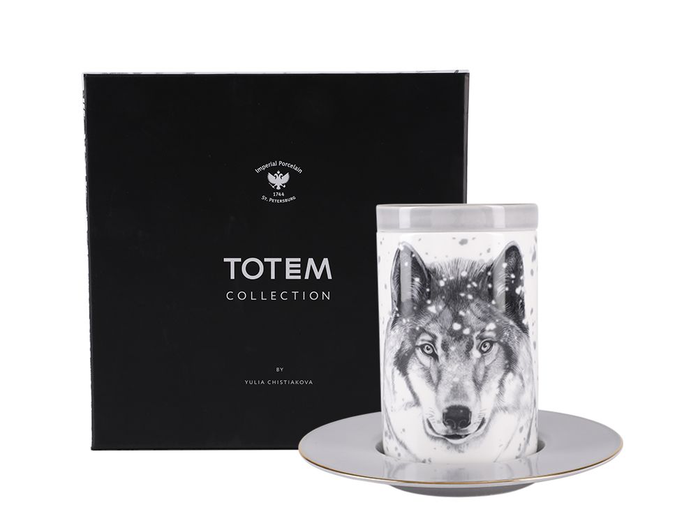 Lomonosov Porcelain Mug and Saucer Totem WOLF 13.2 fl.oz/390 ml