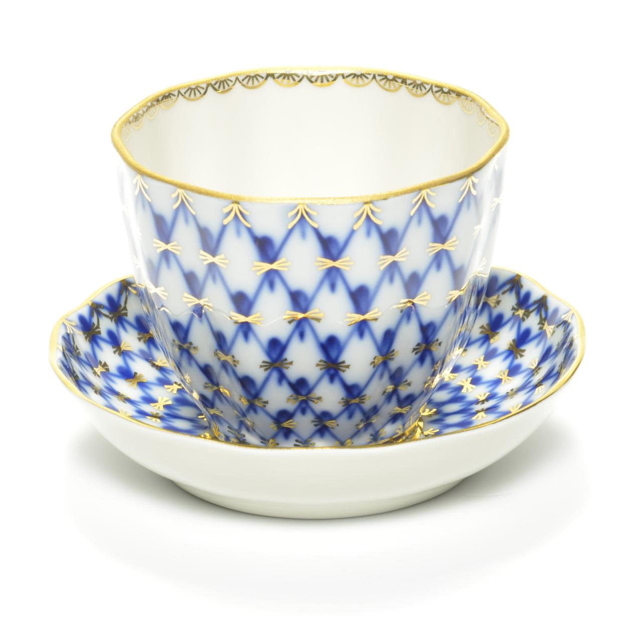 Lomonosov Porcelain Tea Piala with Saucer Tulip Cobalt Net 4.7 oz/140 ml
