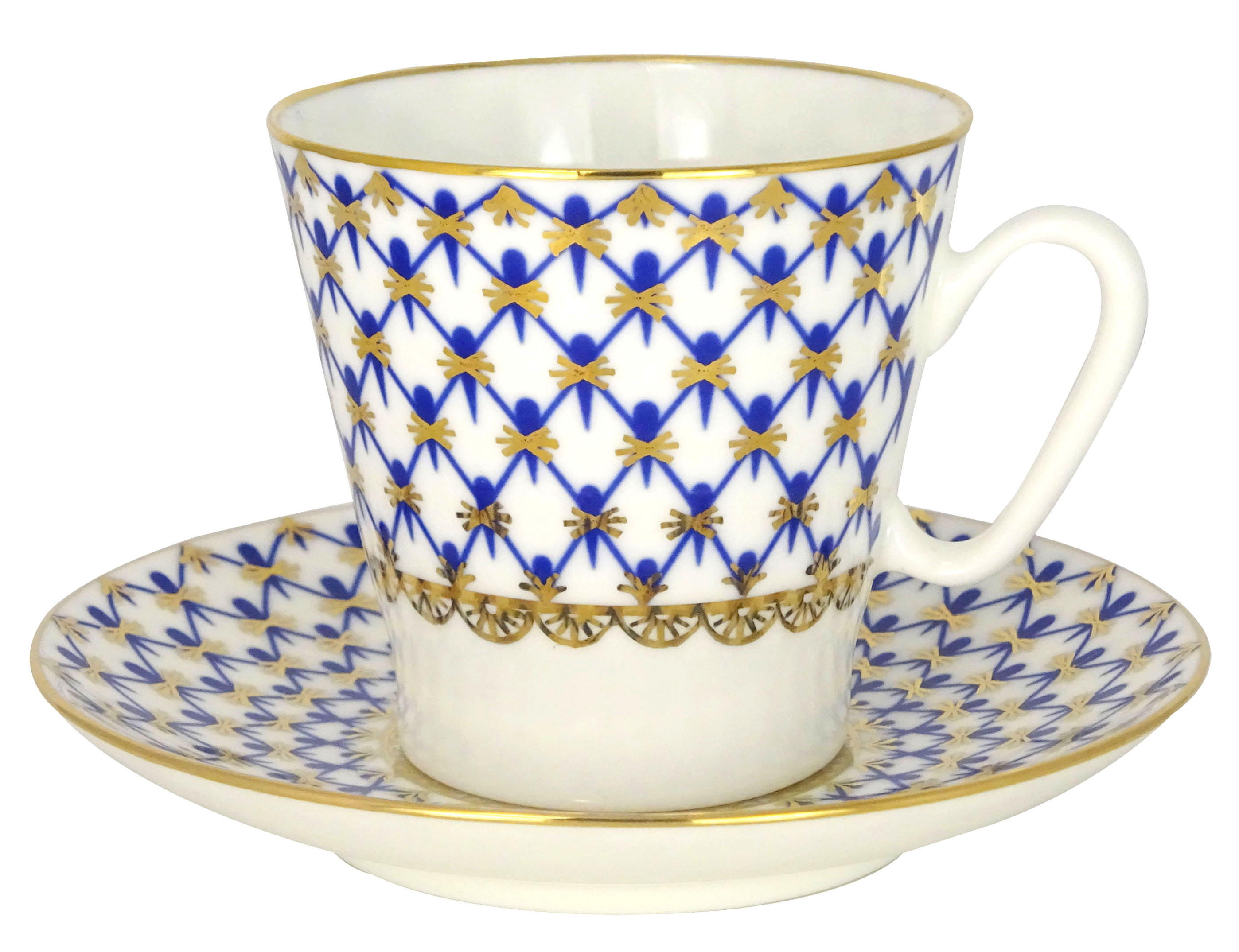 Lomonosov Porcelain Coffee Cup and Saucer Cobalt Net Espresso Bone China 2.7 oz/80ml