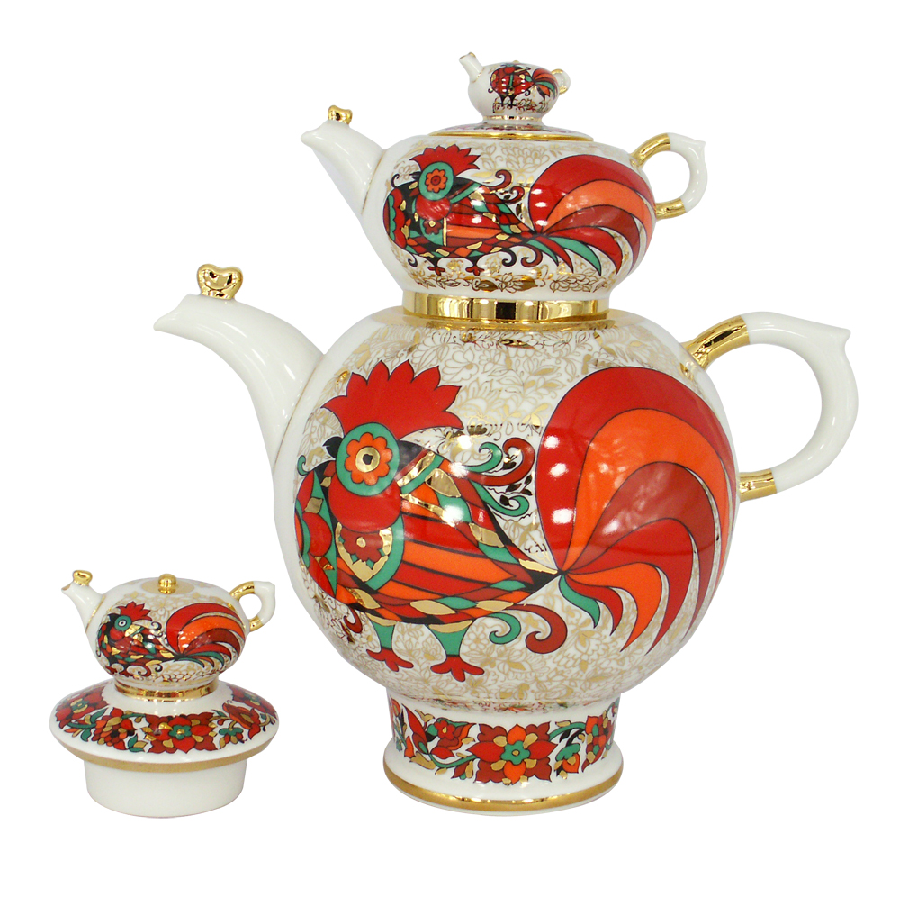 Lomonosov Porcelain Teapot Set Red Rooster Big and Small